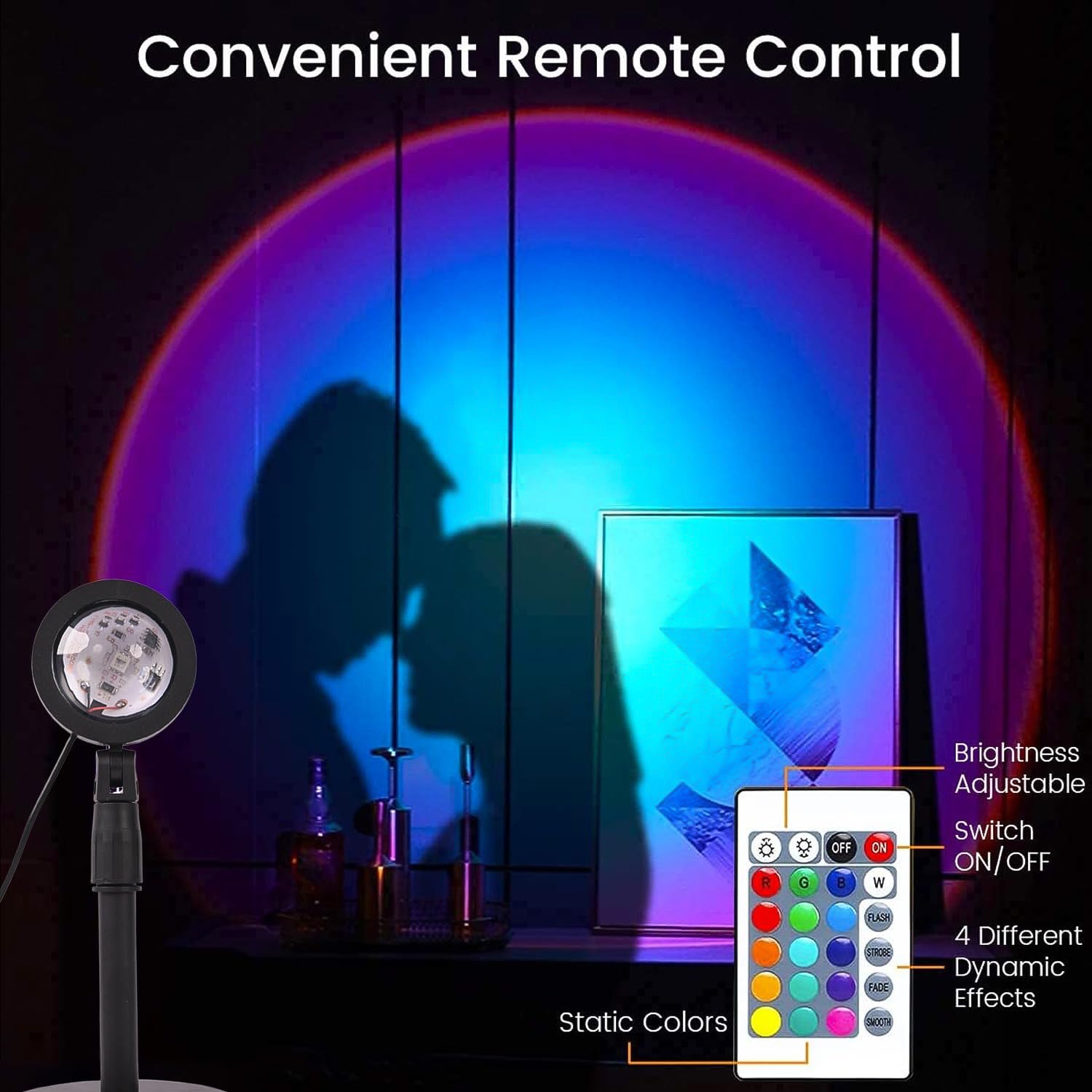 Wukusy Sunset Lamp with four color options, LED night light projecting sunset scenes for home décor and mood lighting.