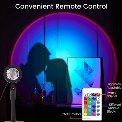 Wukusy Sunset Lamp with four color options, LED night light projecting sunset scenes for home décor and mood lighting.
