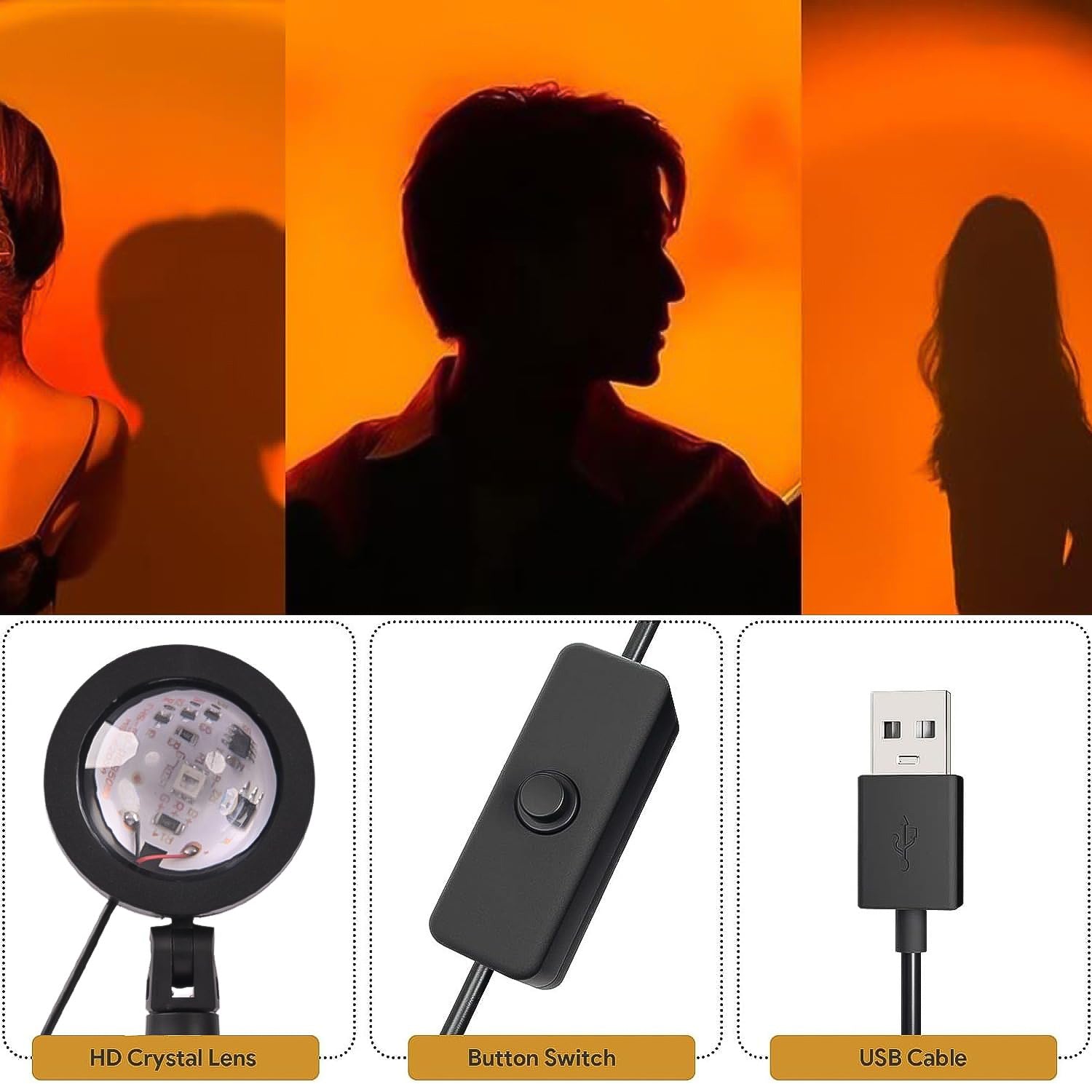 Wukusy Sunset Projection Lamp with 4 colors, LED night light for home improvement and relaxing sunset lighting.