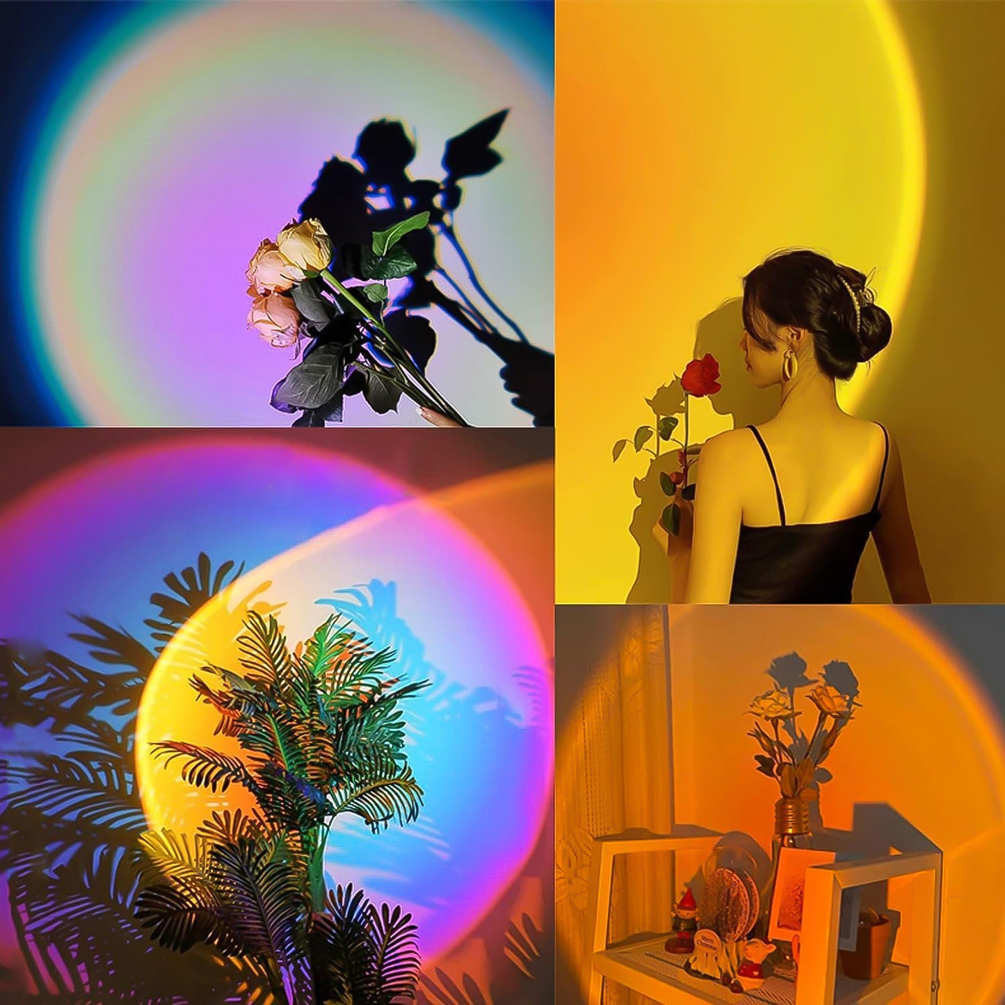 Wukusy Sunset Projection Lamp with 4 color options, LED night lights for home decor and ambient lighting.