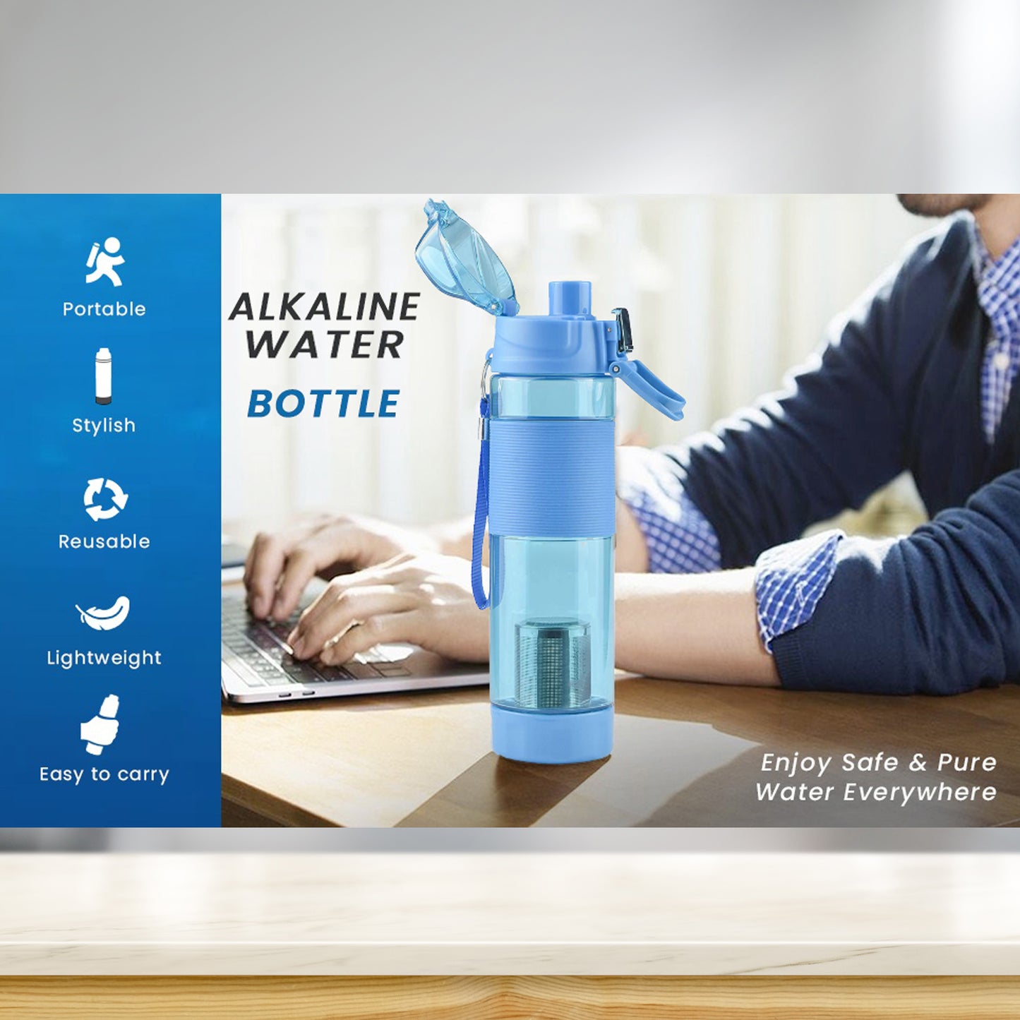 Wukusy 6480 alkaline water bottle made of food-grade plastic, stylish and portable for home use.