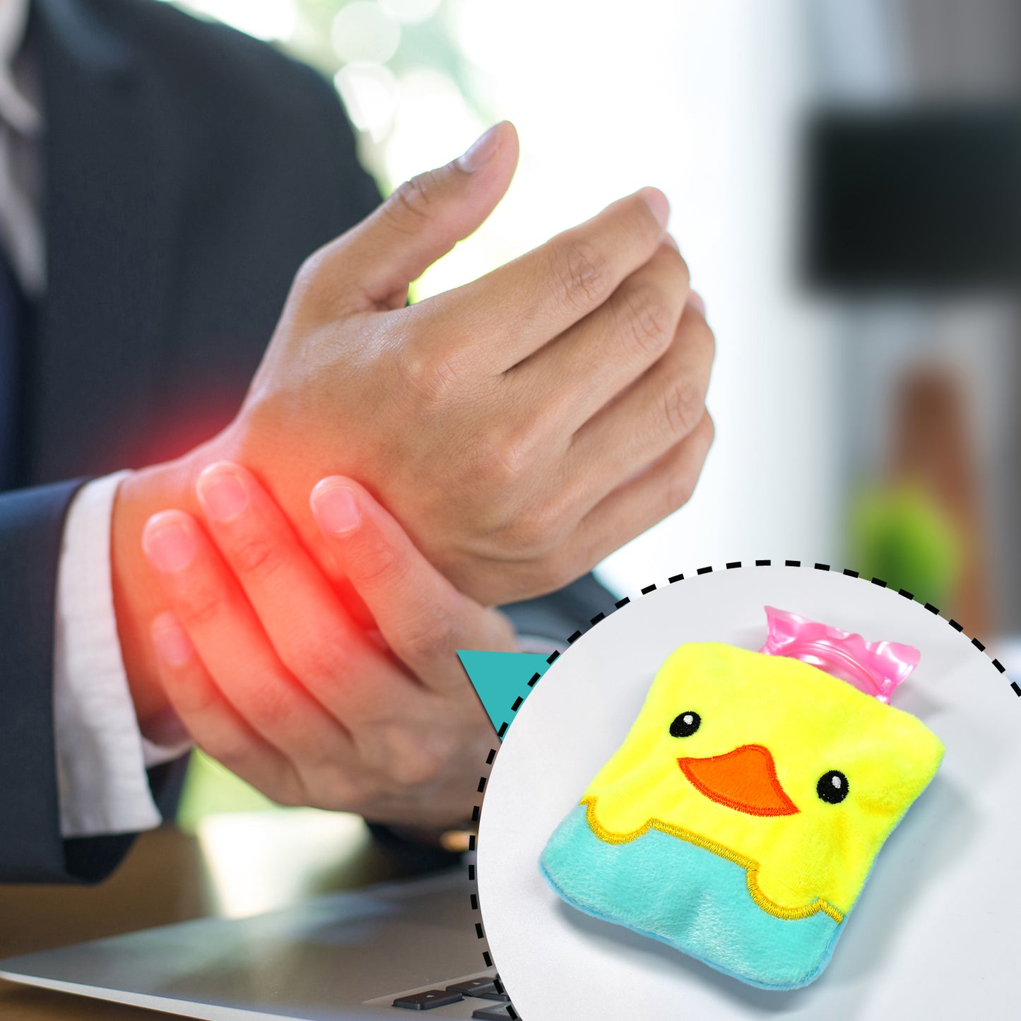 Yellow duck design small hot water bag with cover, ideal for pain relief, neck, shoulder, hand, feet warmth, and menstrual cramps.
