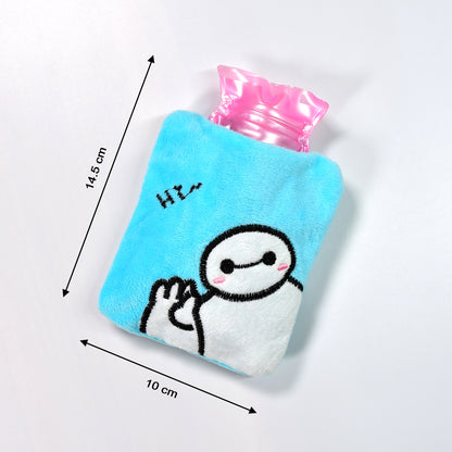 Blue Baymax small hot water bag with cover by Wukusy, used for pain relief, neck, shoulder, hand, feet warming, and menstrual cramps.