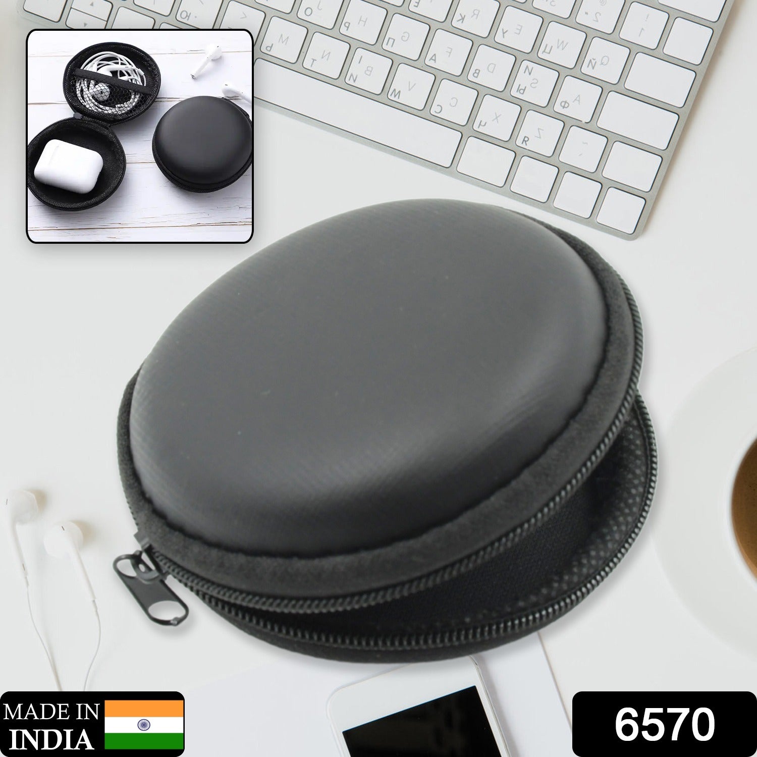 Wukusy round earphone carrying case with cute mixed design, compact pouch for headphones, data cables, coins, AirPods, and pendrives.