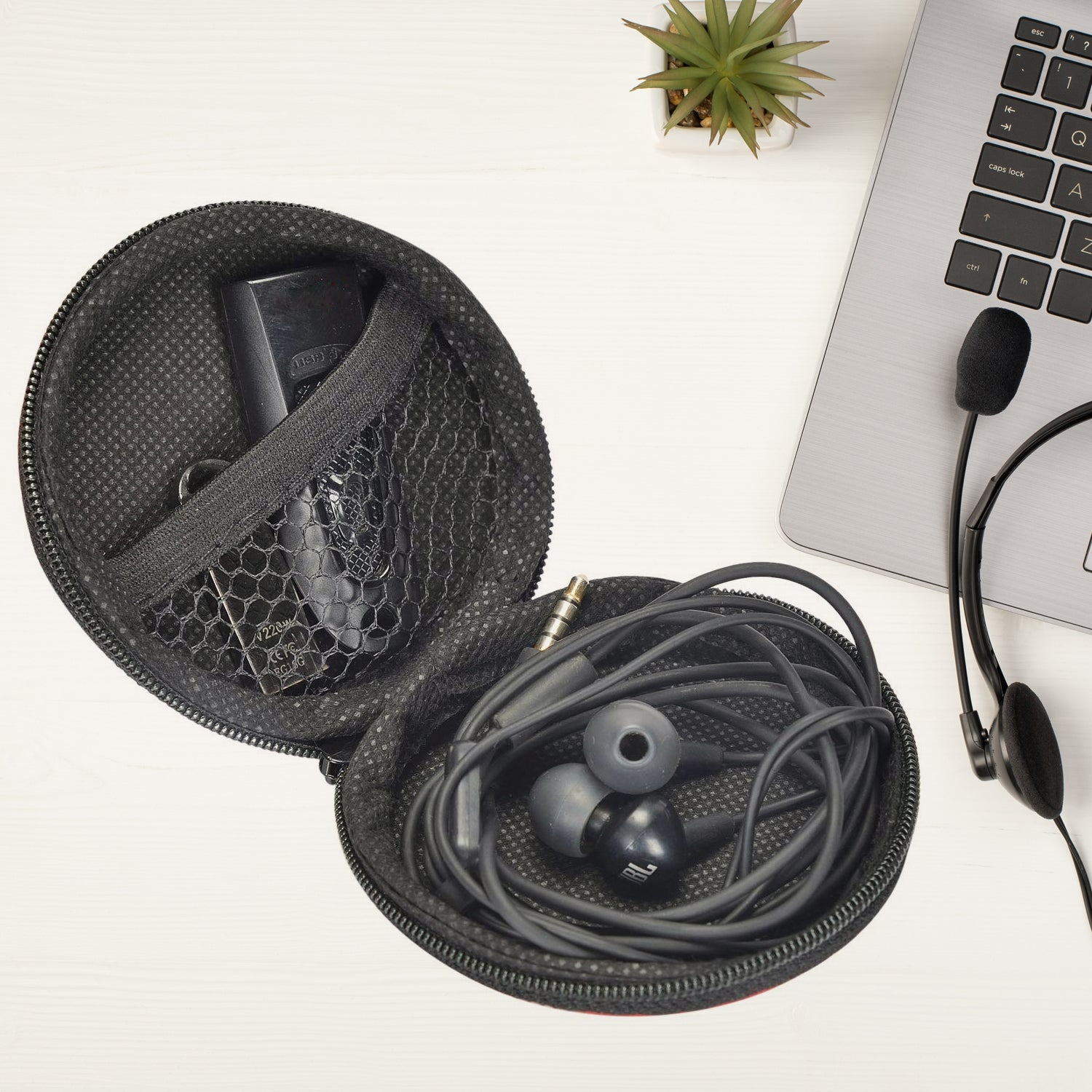 Wukusy round earphone carrying case with cute design, compact pouch for headphones, data cables, coins, AirPods, and small accessories.