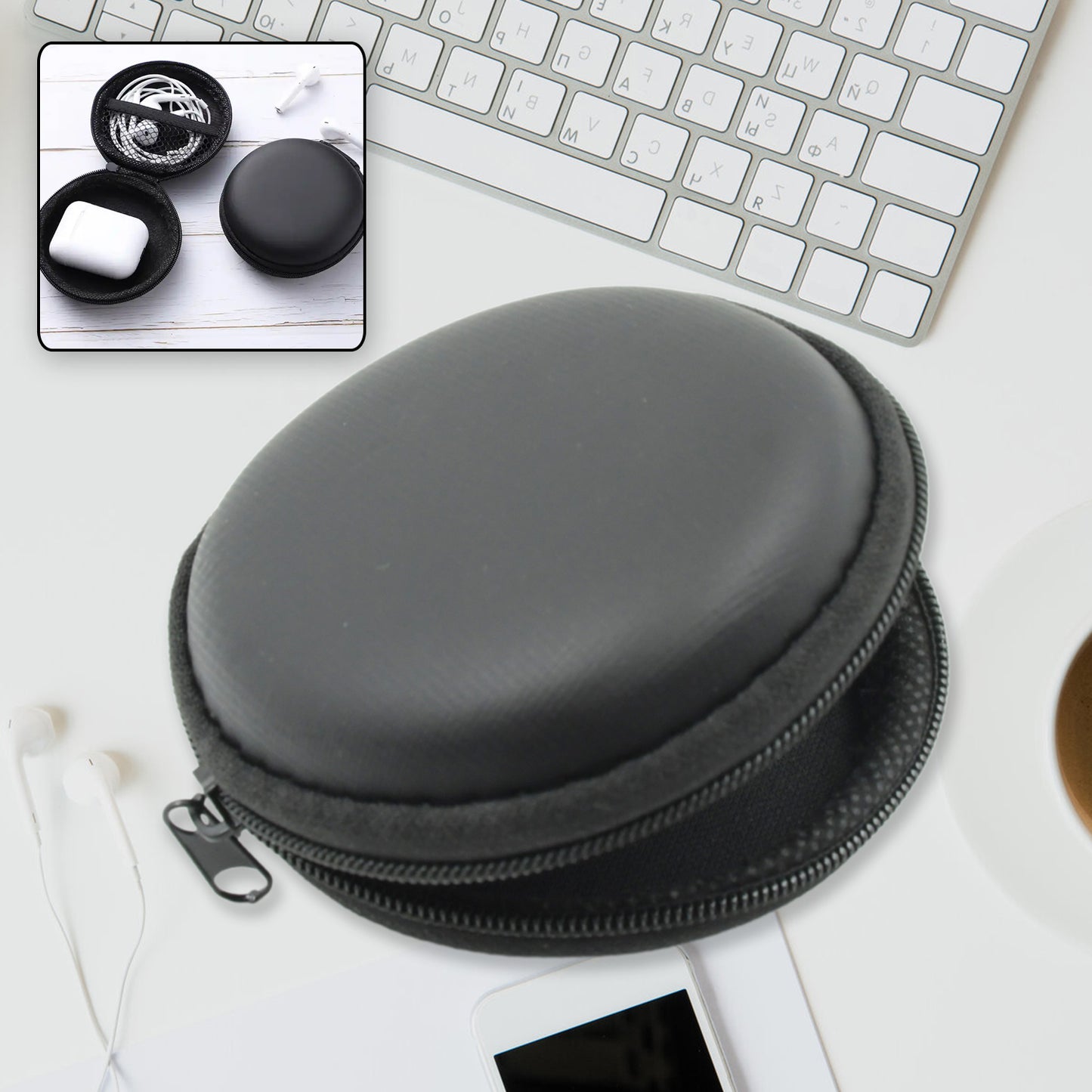 Wukusy round earphone carrying case with colorful design, compact pouch for headphones, data cables, coins, AirPods, and USB drives.
