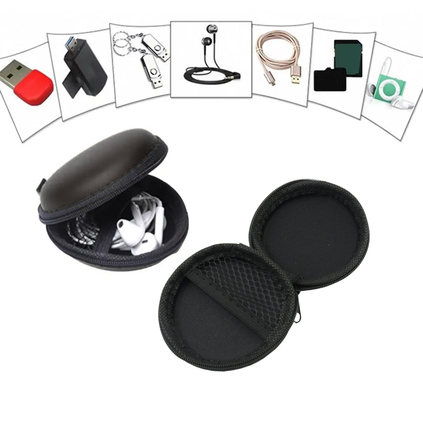 Wukusy round earphone case pouch for headphones, data cables, coins, AirPods, and pendrives, with colorful mixed design.