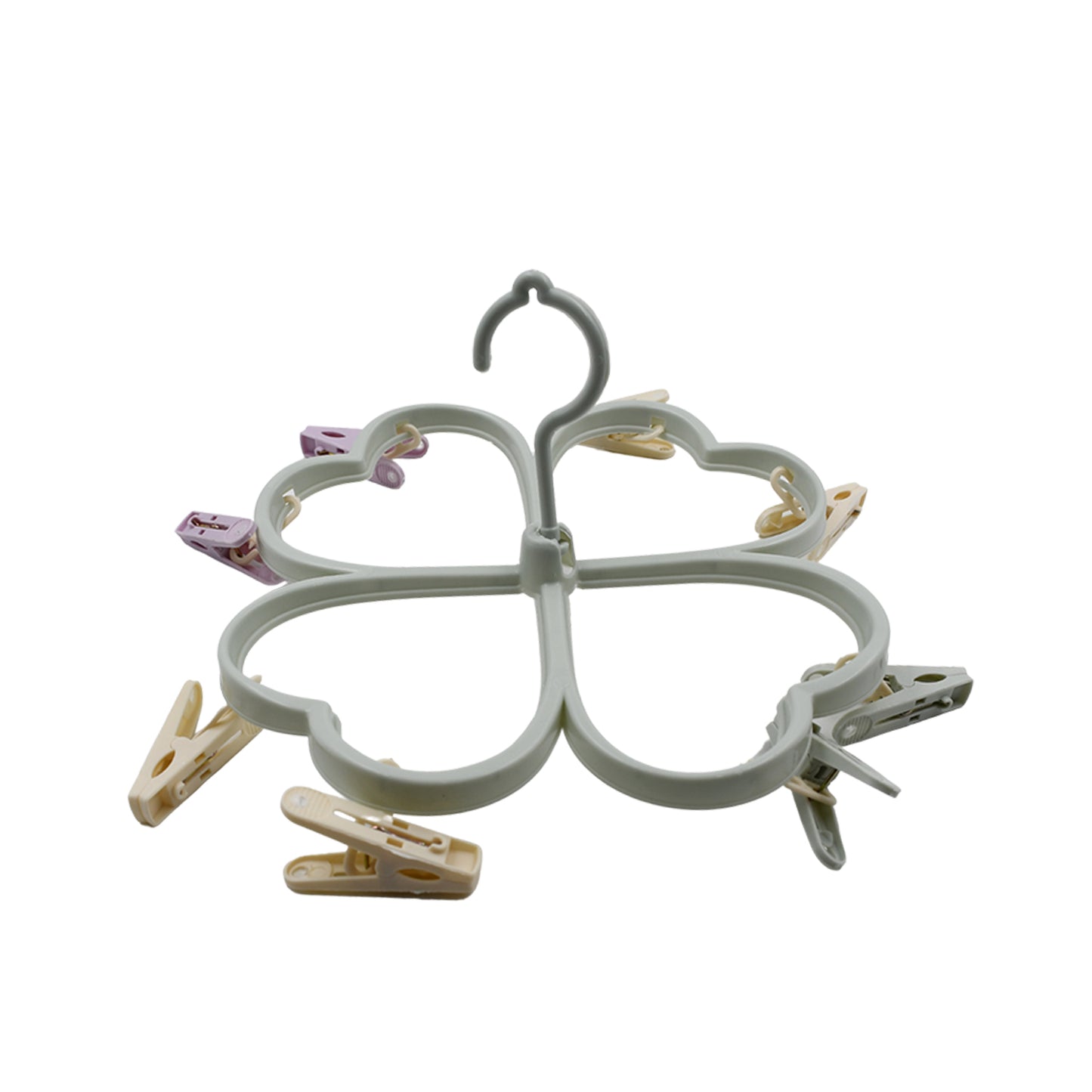 Wukusy heart-shaped laundry drying rack with 8 clips for hanging underwear, baby clothes, socks, bras, towels, and cloth diapers.