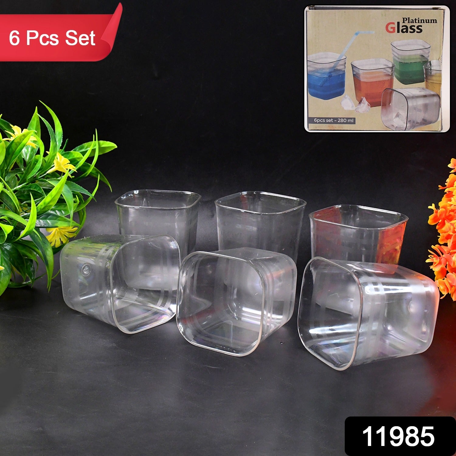 Set of six transparent diamond-shaped medium serving glasses by Wukusy, ideal for water, juice, and beverages.
