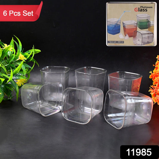 Set of six transparent diamond-shaped medium serving glasses by Wukusy, ideal for water, juice, and beverages.