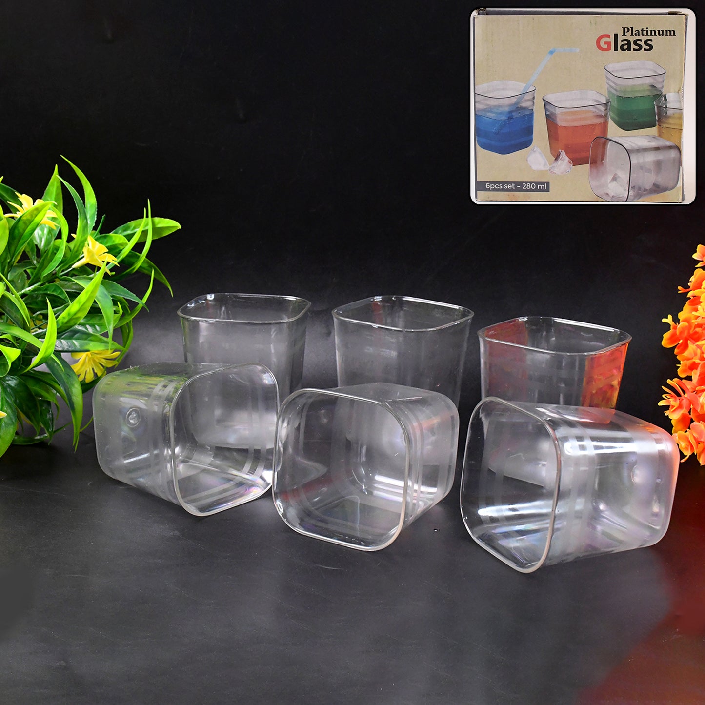 Set of six transparent diamond-shaped medium serving glasses for water, juice, and beverages by Wukusy.