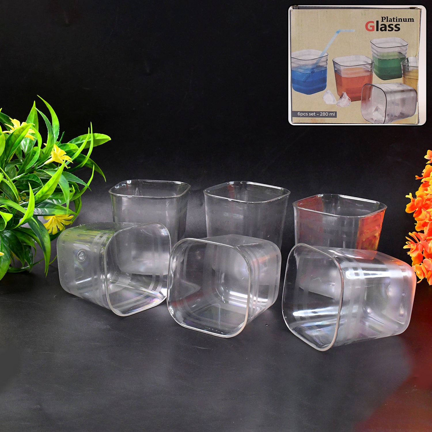 Set of six transparent diamond-shaped medium serving glasses for water, juice, and beverages by Wukusy.