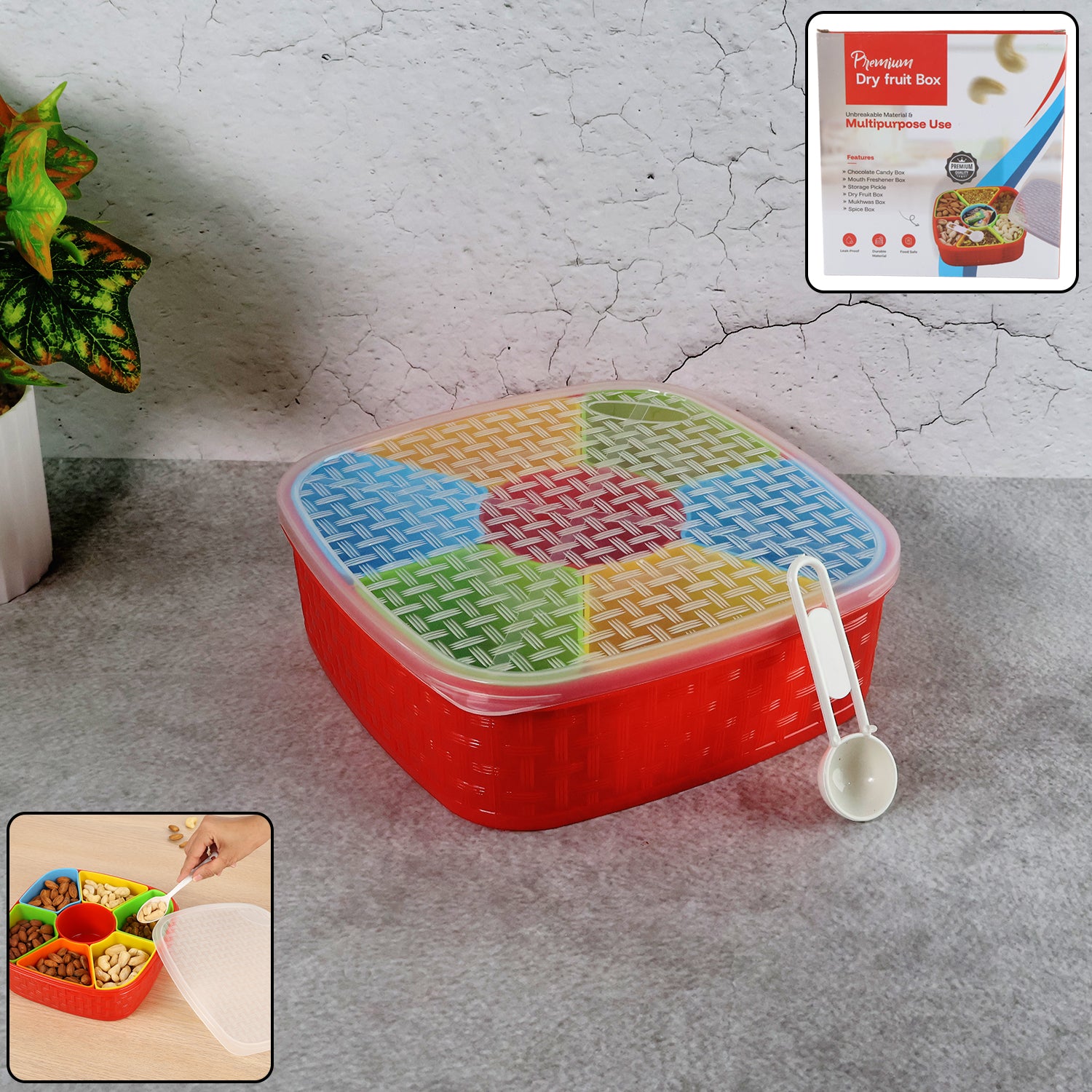Wukusy 7-in-1 dry fruit snack box with spoon, portable storage container for healthy dry fruit snacks at home or on the go.
