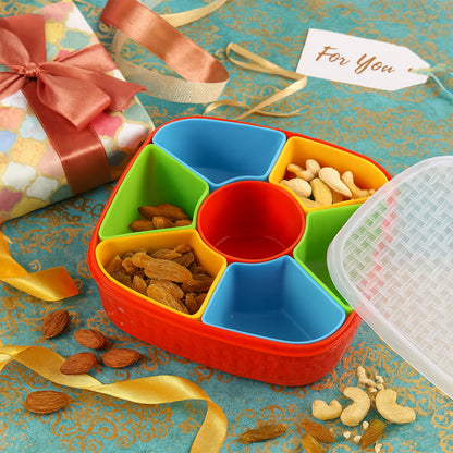 Wukusy 7-in-1 dry fruit snack box with spoon, compact home improvement storage container for dry fruits and snacks.