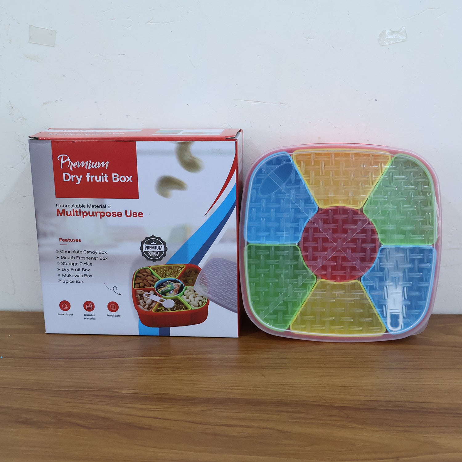 Wukusy 7-in-1 dry fruit snack box with spoon for home improvement, featuring multiple compartments for healthy snacks and easy serving.
