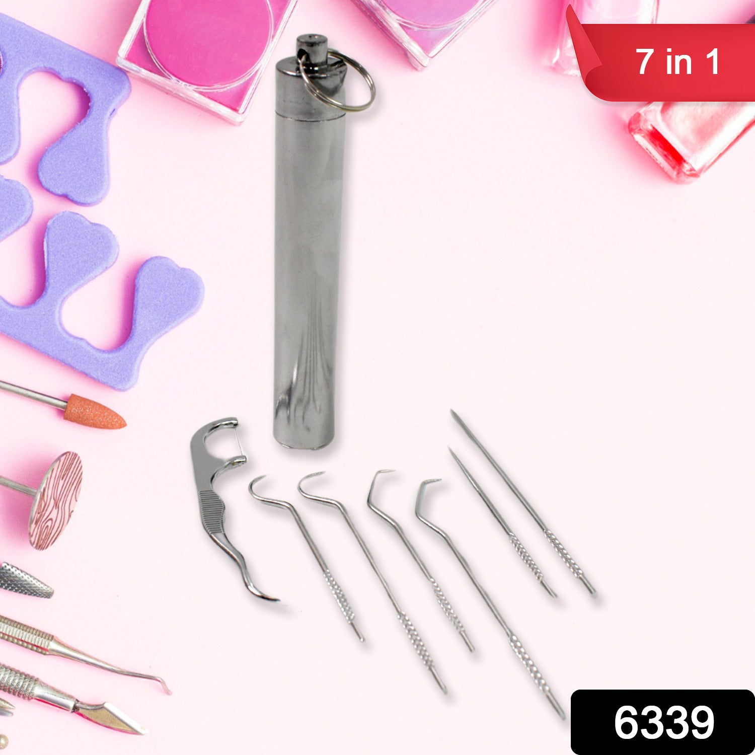 Wukusy 7-in-1 stainless steel toothpick flossers set with case, compact home improvement dental hygiene tools for cleaning teeth.