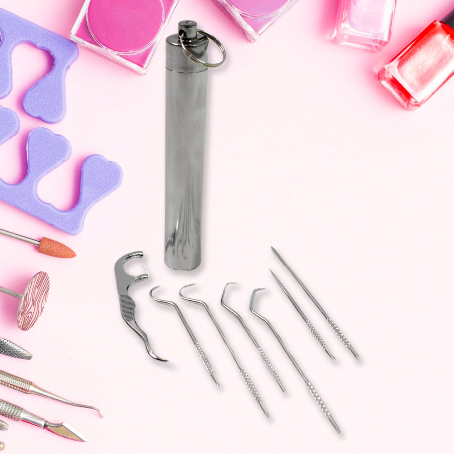 Wukusy 7-in-1 stainless steel toothpick flossers set with case, includes multiple dental tools for home improvement.