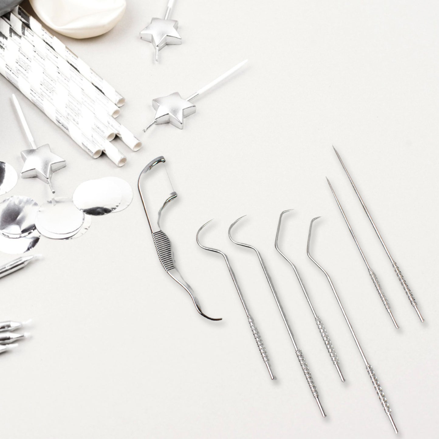 Wukusy 7-in-1 stainless steel toothpick flossers set with case, compact home improvement dental tools for oral hygiene.