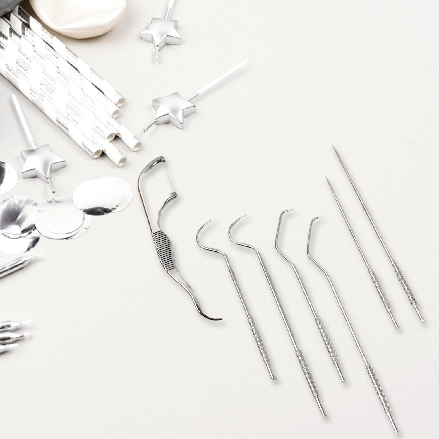 Wukusy 7-in-1 stainless steel toothpick flossers set with case, compact home improvement dental tools for oral hygiene.
