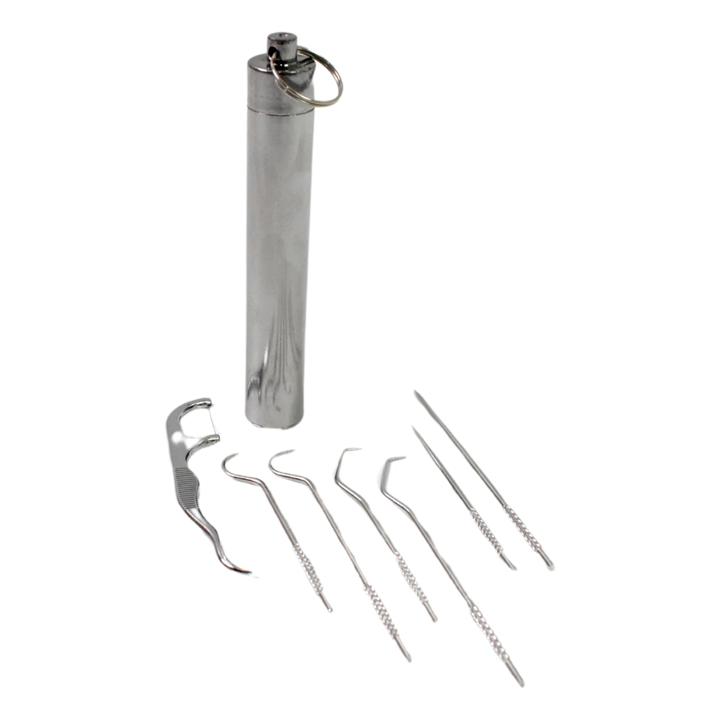 Wukusy 7-in-1 stainless steel toothpick flossers set with case, compact and durable for oral hygiene and home improvement.