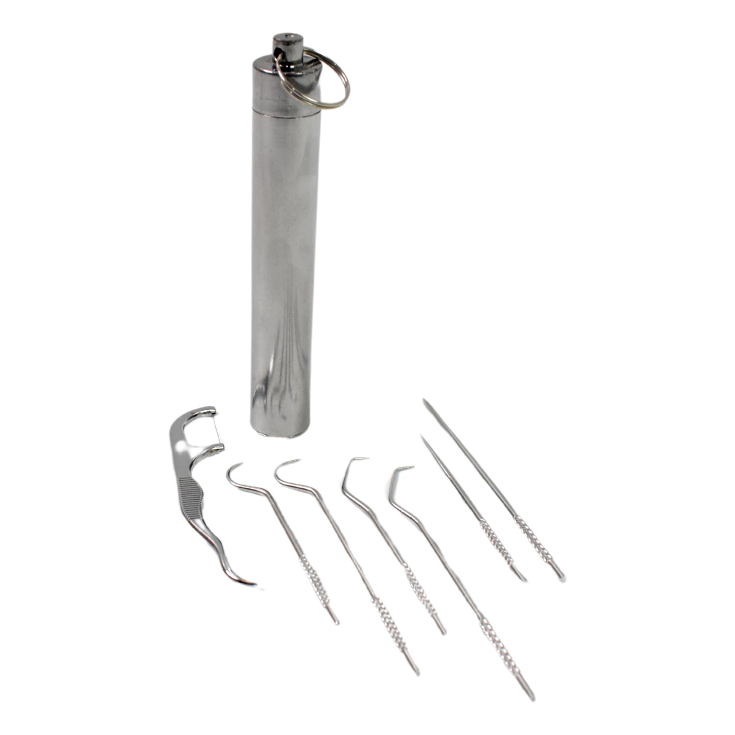 Wukusy 7-in-1 stainless steel toothpick flossers set with case, compact and durable for oral hygiene and home improvement.
