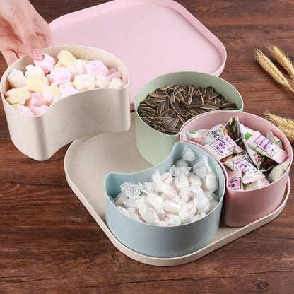 Wukusy large candy box with multiple compartments for storing candies, fruits, or snacks, designed for home organization and living room use.