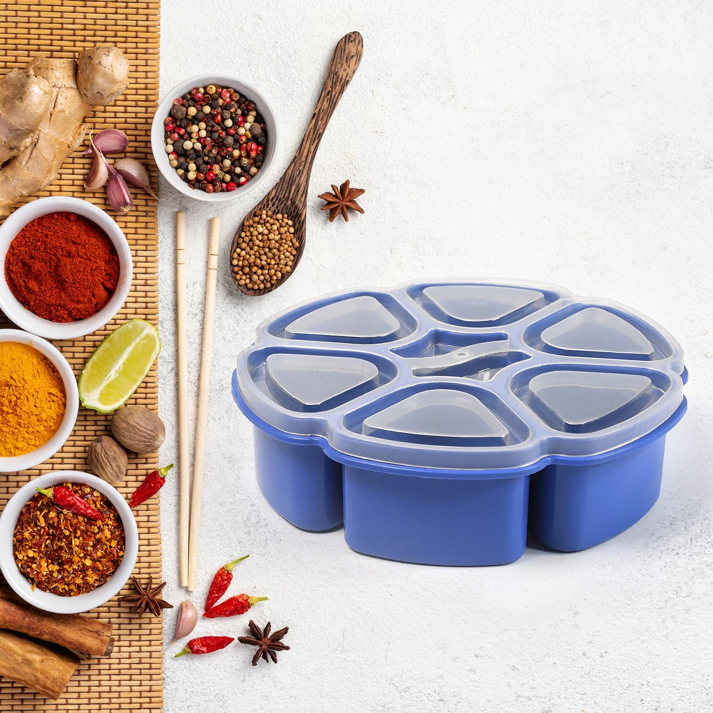 Wukusy plastic 7-section spice box container with unique design for storing masala and spices in the kitchen.