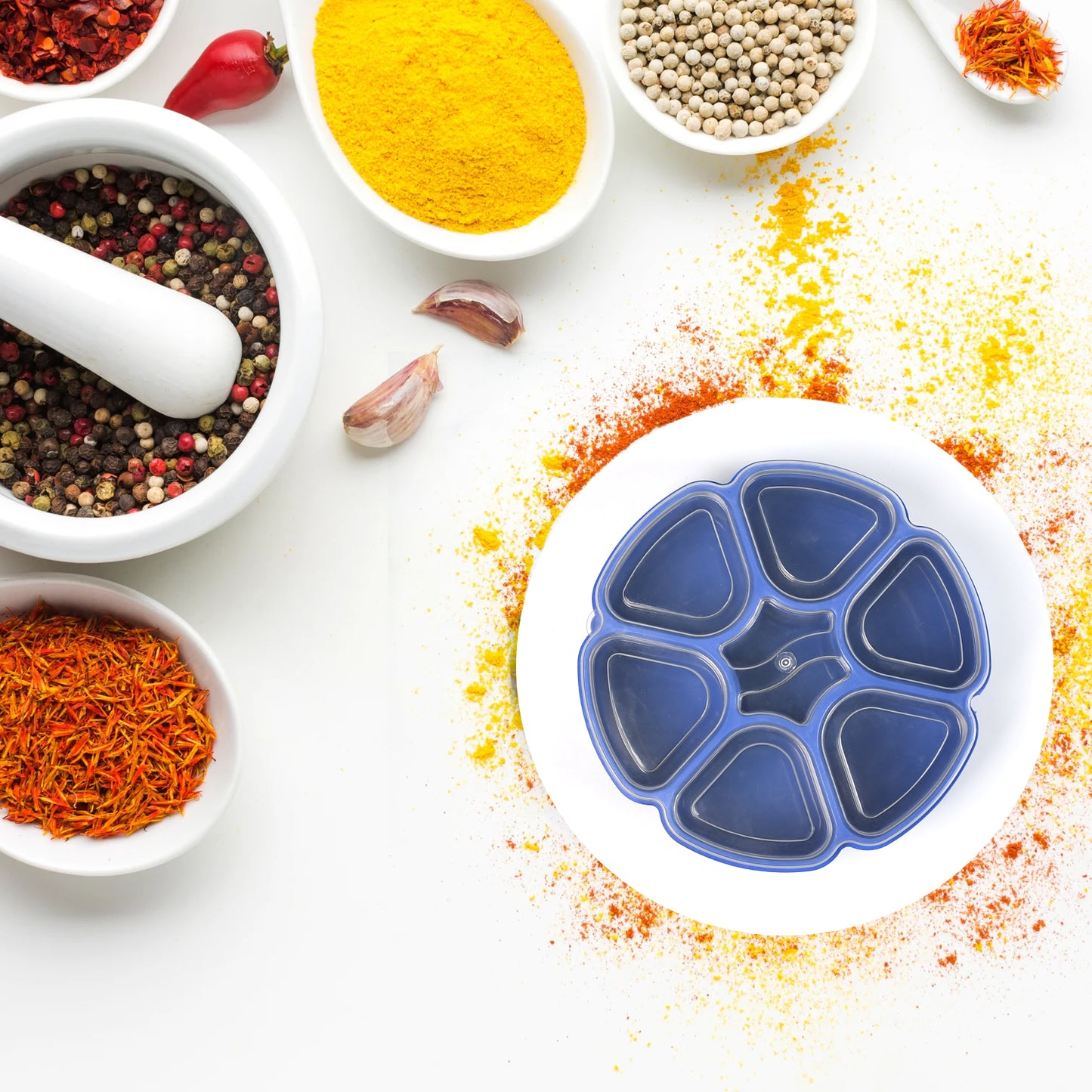 Wukusy 7185 plastic 7-section multipurpose masala spice box container for kitchen storage and spice organization