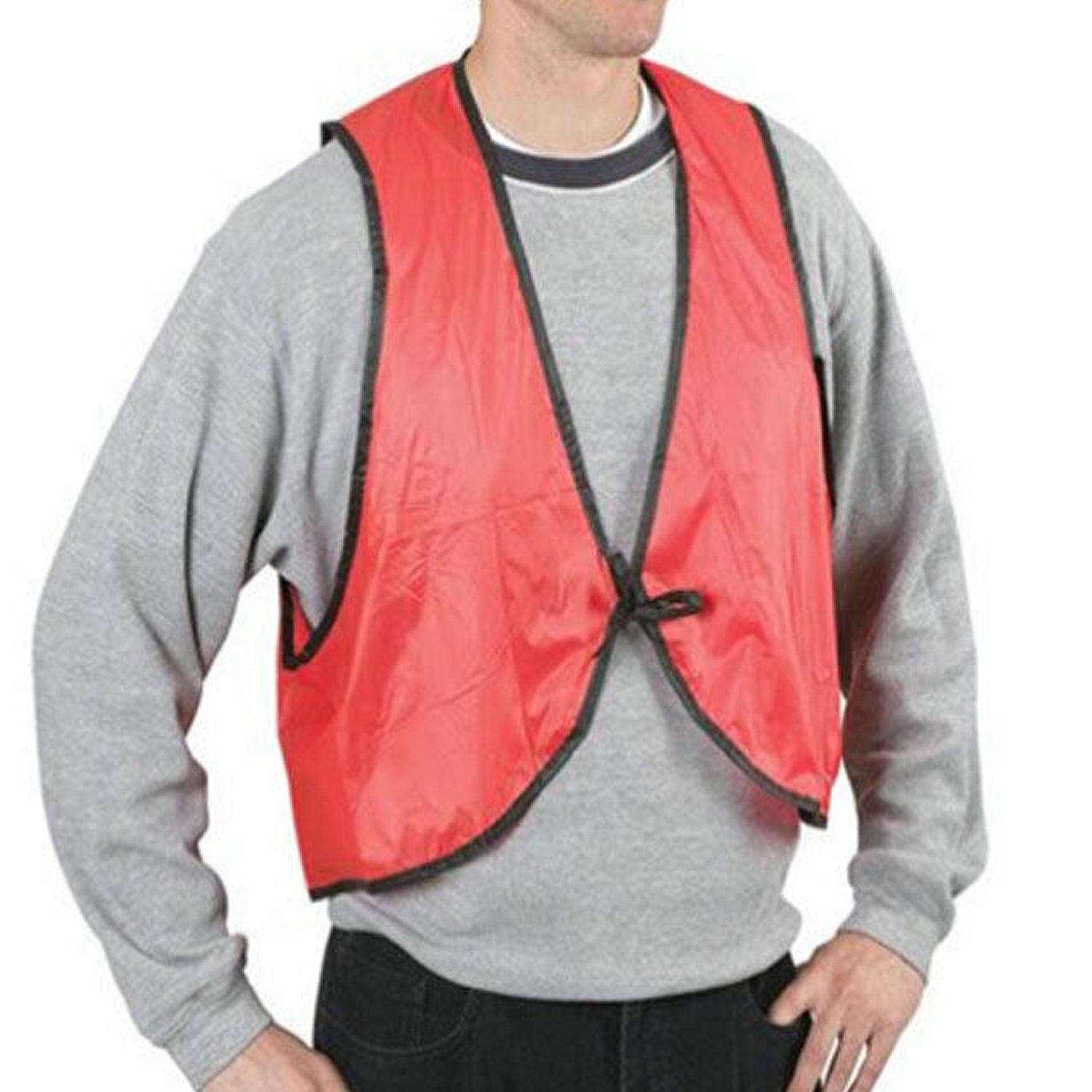 Wukusy economy safety vest made of soft vinyl with tie closure, high visibility for staff and volunteers in outdoor work environments.
