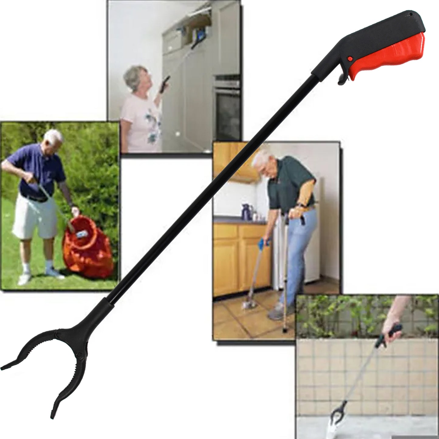 Wukusy extra long pickup aid trash picker with rotating hand grip for gardening, litter pickup, elderly, disabled, and handicap assistance.