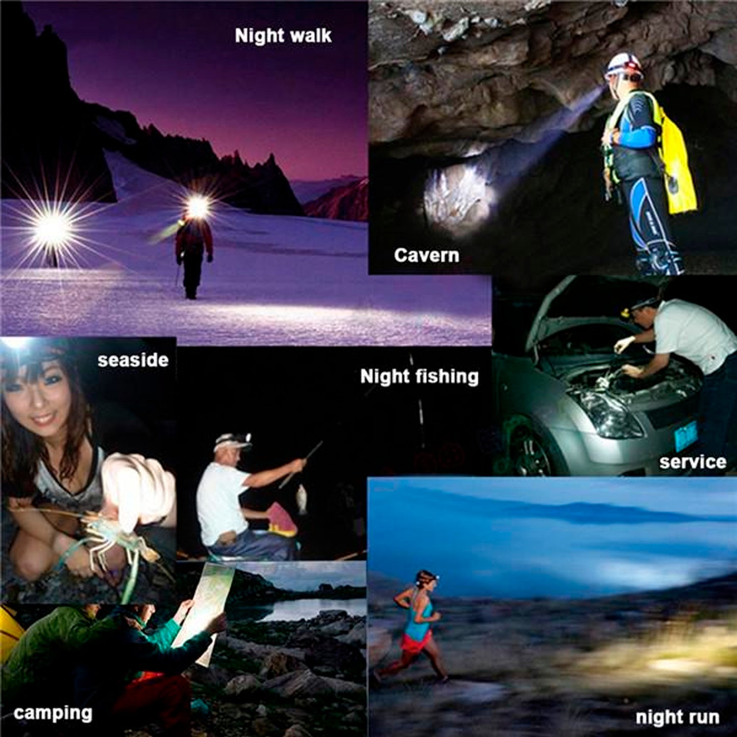 Wukusy 7520 Head Lamp with 9 LED lights, rechargeable, long-range, adjustable headlamp for farming, fishing, camping, hiking, cycling.