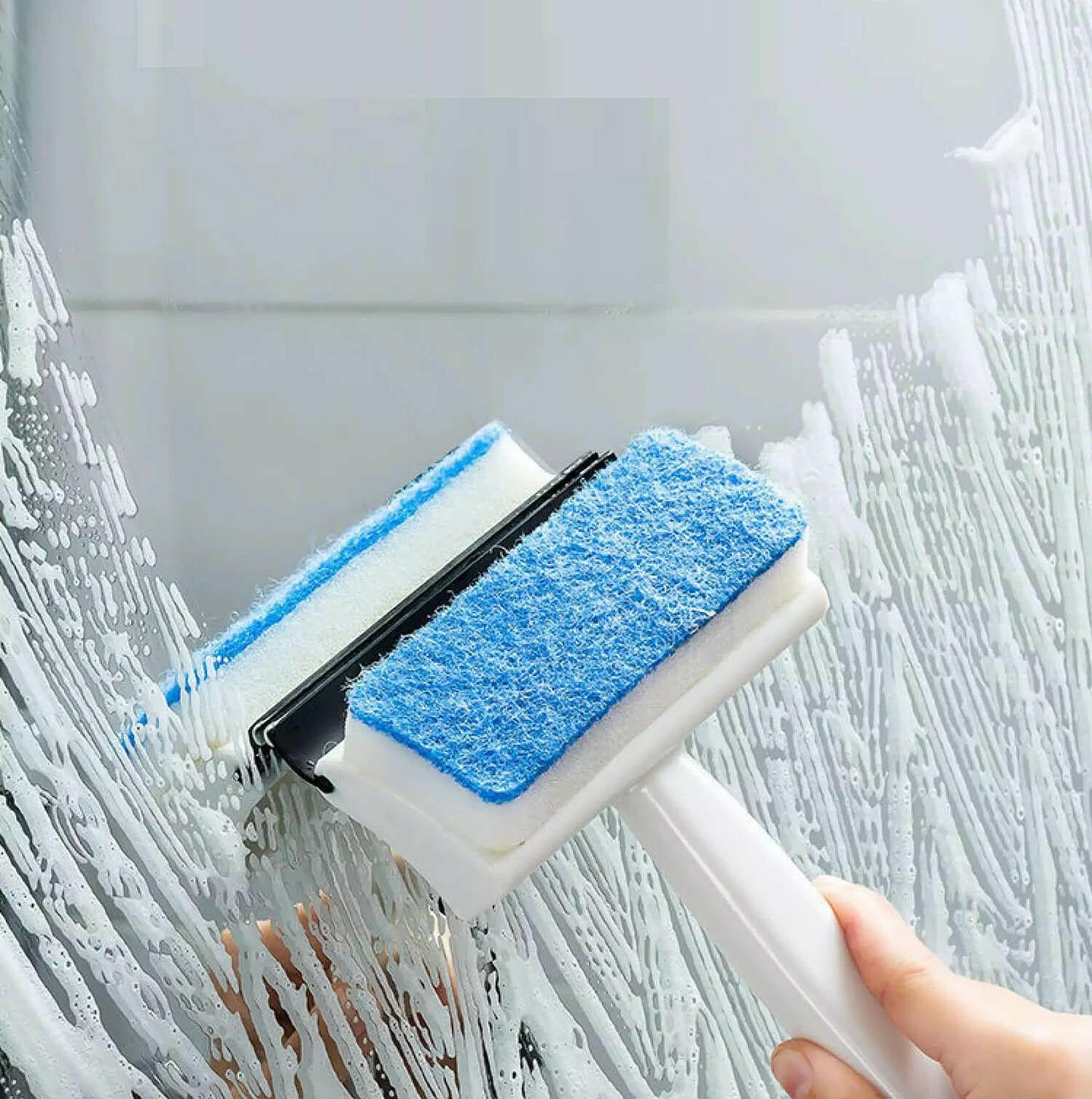 Wukusy 2-in-1 glass wiper and cleaning brush for mirrors, tiles, and windows with double-sided design for bathroom and home cleaning.