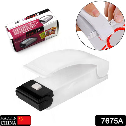 Wukusy 7675A mini portable plastic bag sealer and sealing machine, compact household device for sealing food bags.