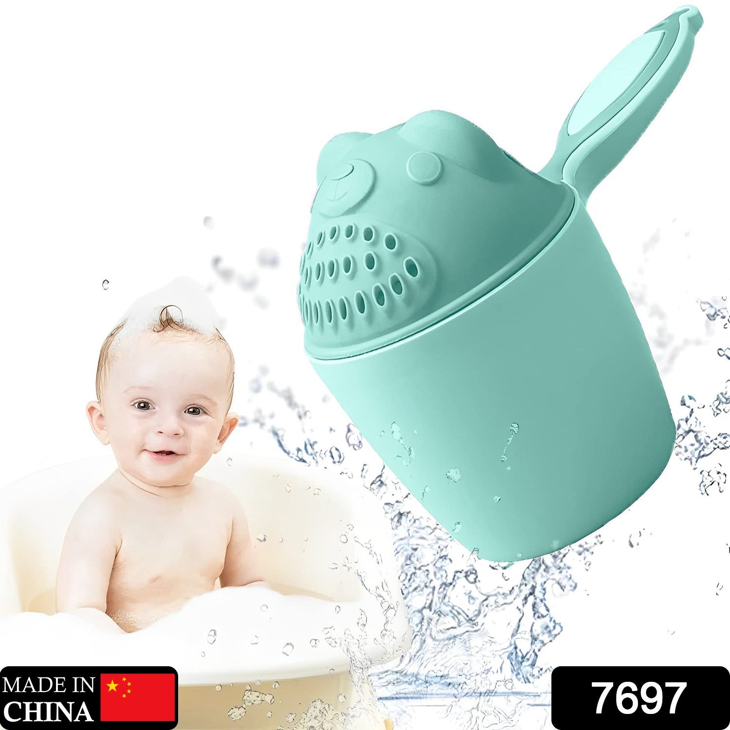 Wukusy baby shampoo shower cup for gentle water rinsing, soft plastic bath tumbler with handle for safe baby hair washing.