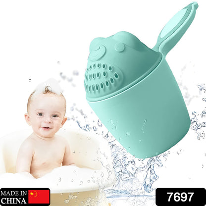 Wukusy baby shampoo shower cup for gentle water rinsing, soft plastic bath tumbler with handle for safe baby hair washing.