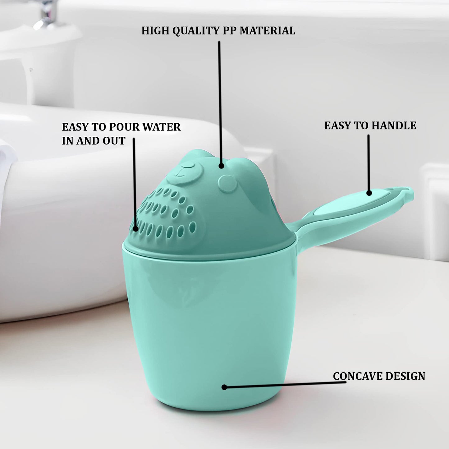 Wukusy baby shampoo shower cup, soft water tumbler for safe infant bathing, featuring a gentle water scorpion design.