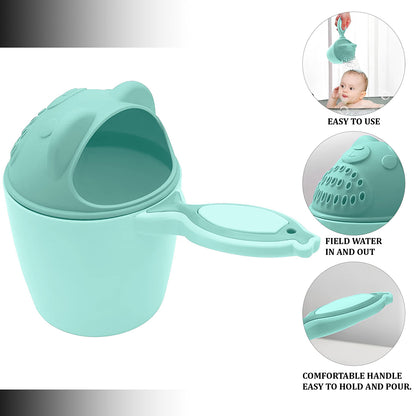 Wukusy baby shampoo shower cup for gentle water bathing, soft plastic baby bath tumbler with handle for hair washing and rinsing.