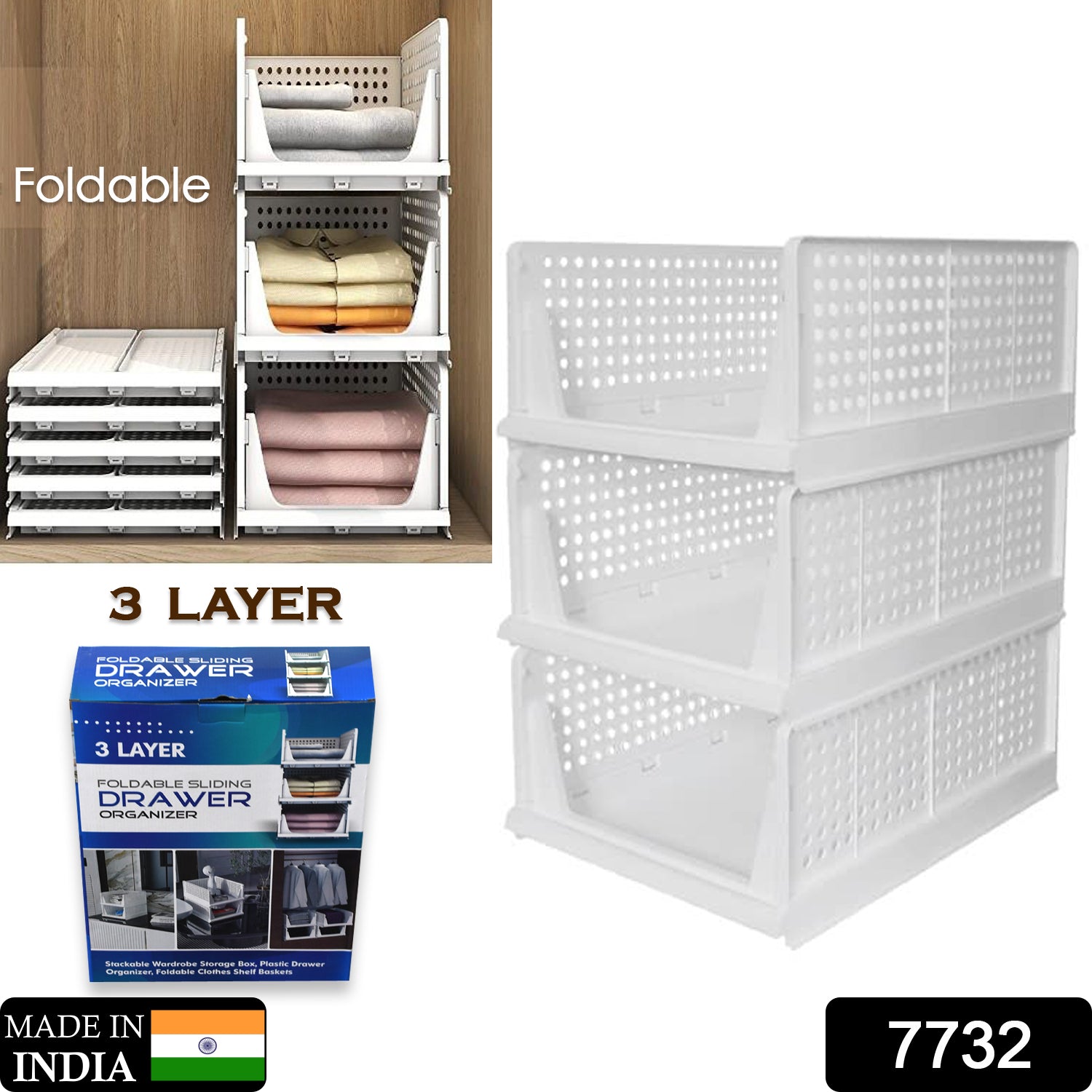 Wukusy 7732 3-layer clothes organizer for wardrobe, foldable, stackable plastic closet drawer for clothes storage and organization.