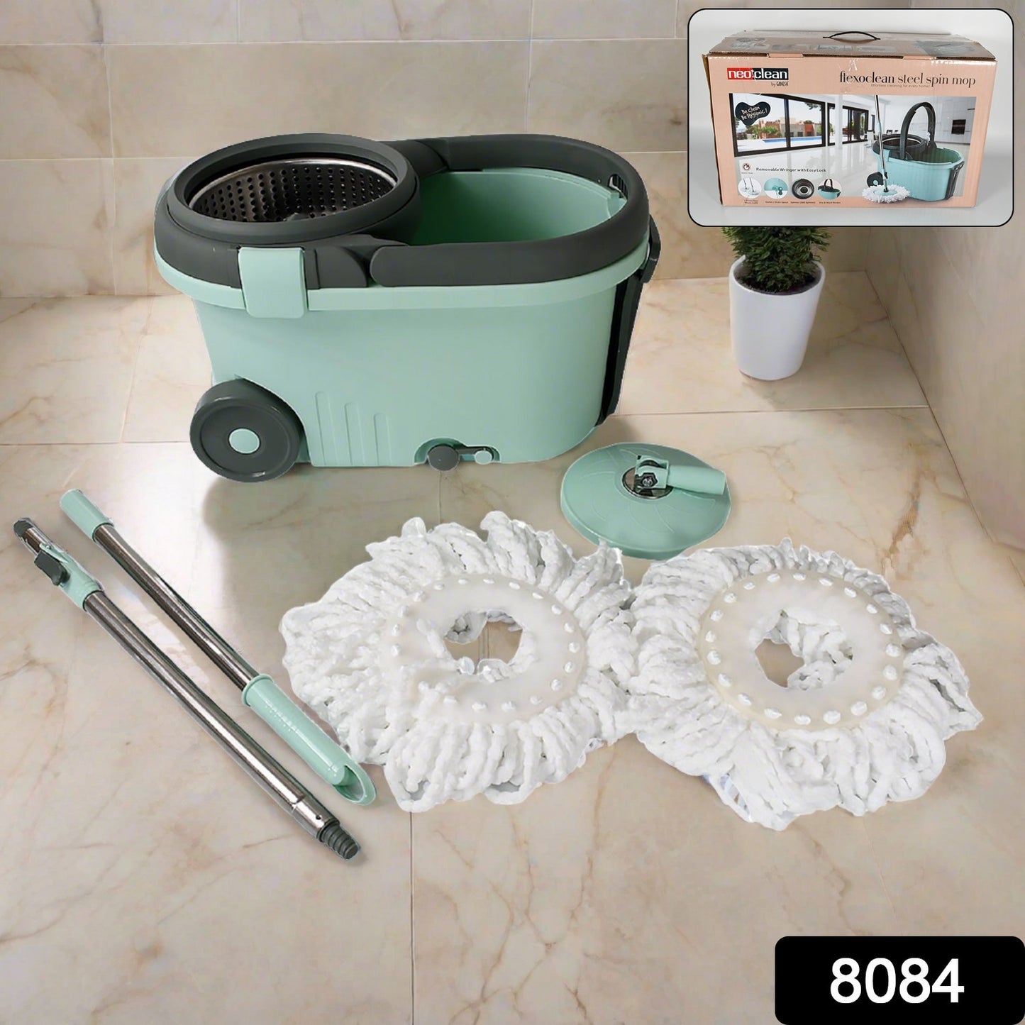 Wukusy Ganesh Quick Spin Mop with steel bucket, microfiber heads, easy wheels, and refill for efficient home floor cleaning.