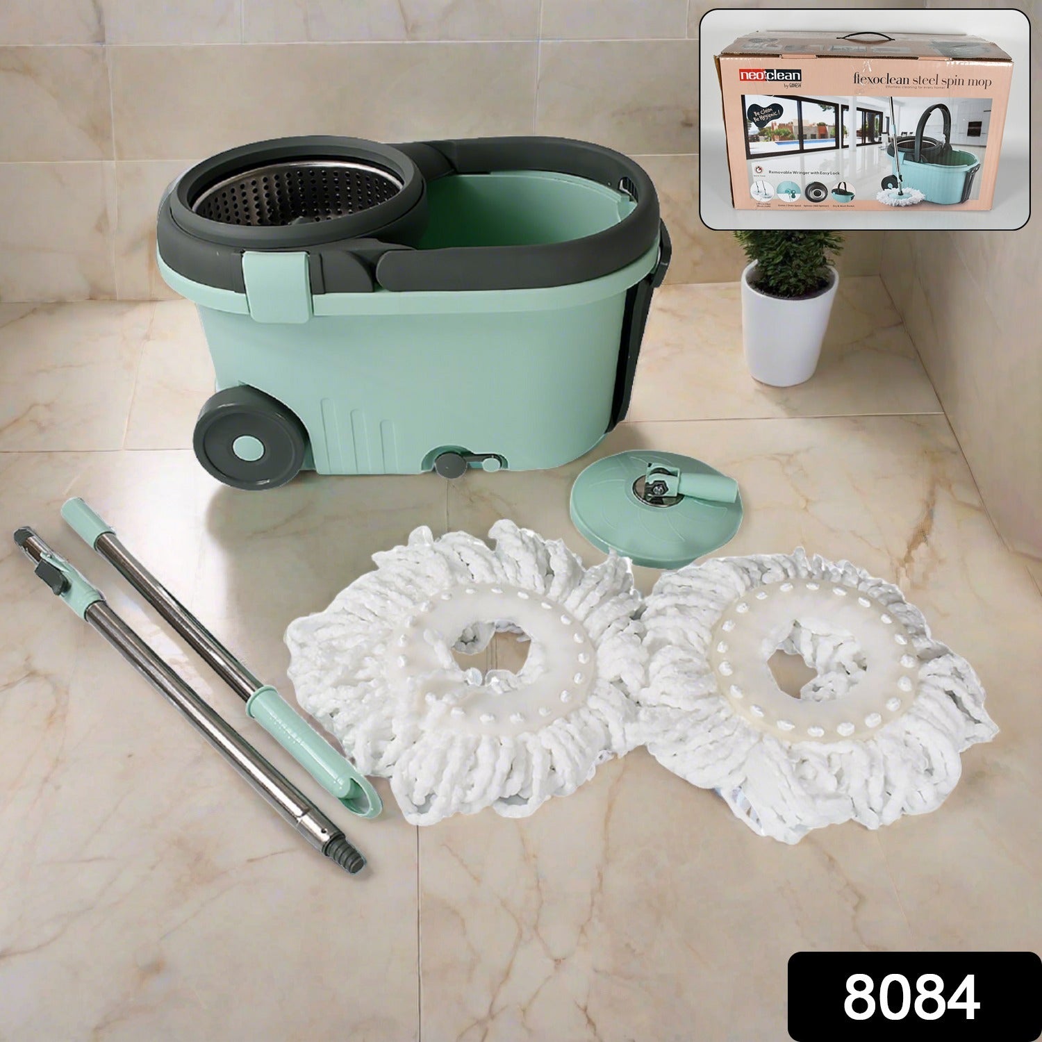 Wukusy Ganesh Quick Spin Mop with steel bucket, microfiber heads, easy wheels, and refill for efficient home floor cleaning.