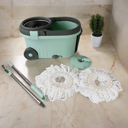 Wukusy Ganesh Quick Spin Mop with steel bucket, micro fiber heads, easy wheels, ideal for efficient home floor cleaning.