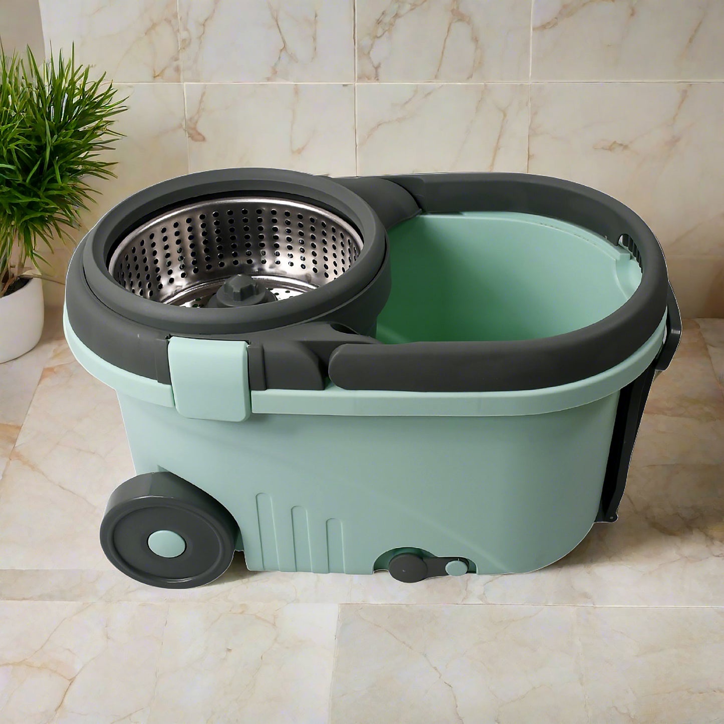 Wukusy Ganesh Quick Spin Mop with steel spin bucket, microfiber heads, easy wheels, ideal for efficient floor cleaning and refills.