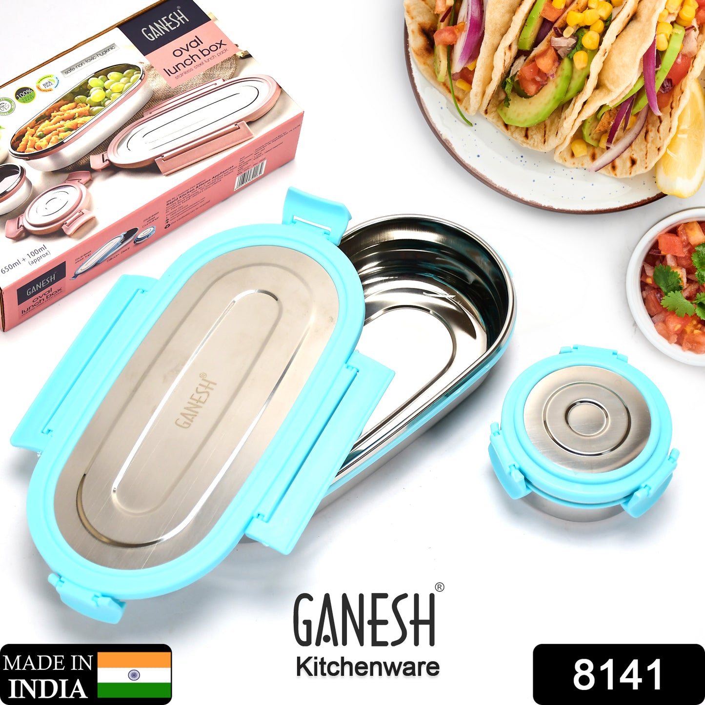 Set of two small Wukusy Ganesh stainless steel lunch boxes, compact containers for home improvement and food storage.