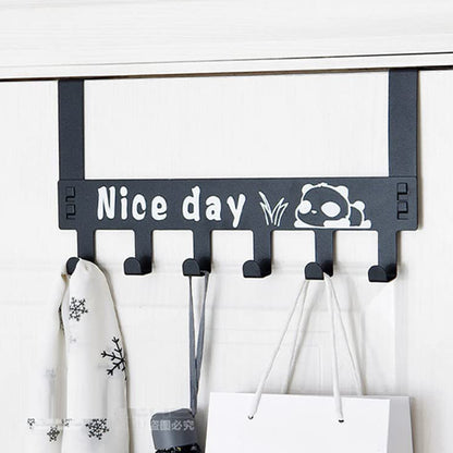 Heavy-duty Wukusy carbon steel over door hook rack with six hooks for towels coats scarves and clothing, ideal for home organization.