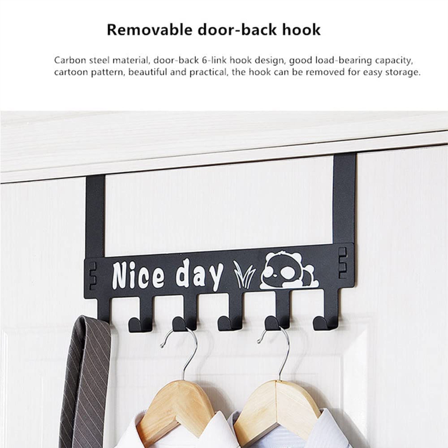 Heavy-duty carbon steel over-door hook rack with six hooks, ideal for coats, towels, scarves, and cloths in home improvement.
