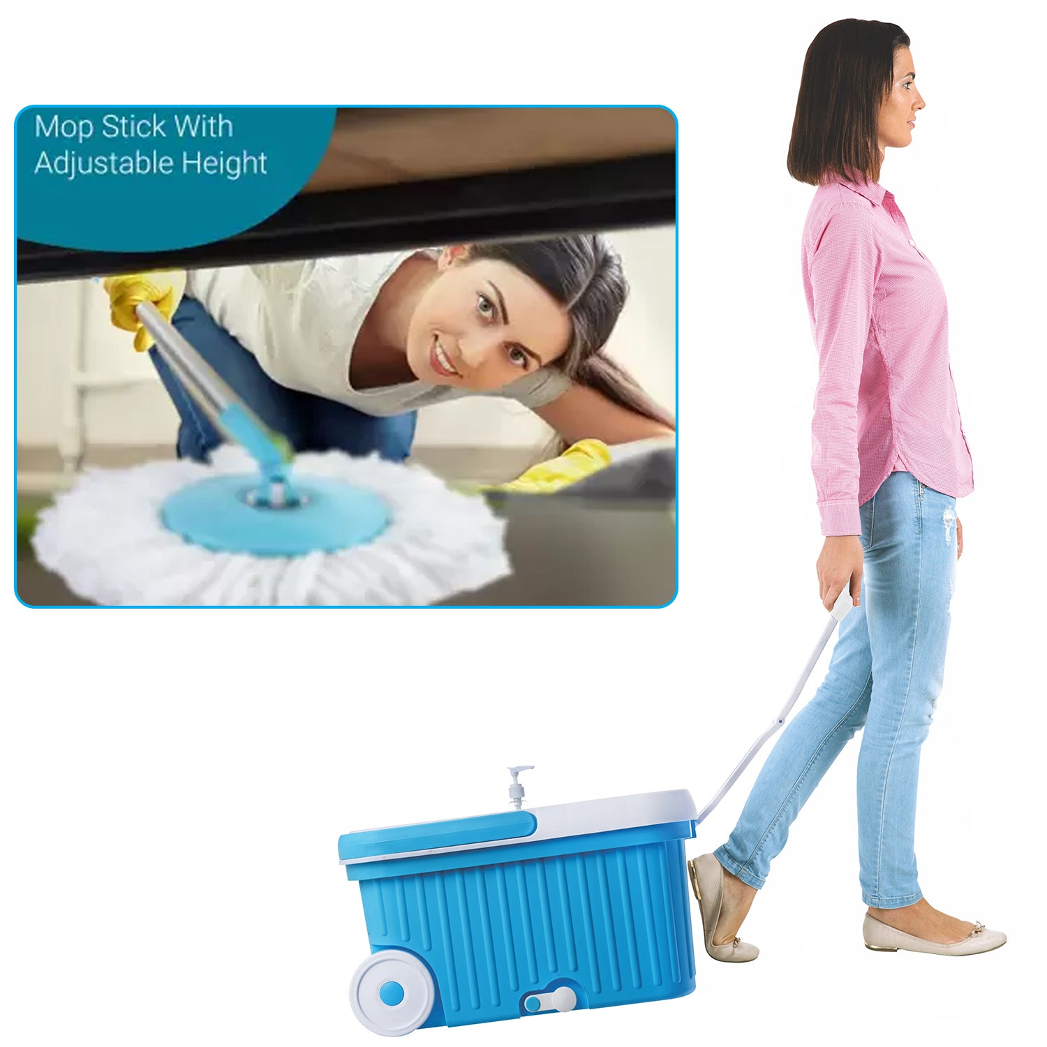 Wukusy Sporty Plastic Spin Mop with larger wheels and auto-fold handle for 360-degree cleaning, ideal for home cleaning tasks.