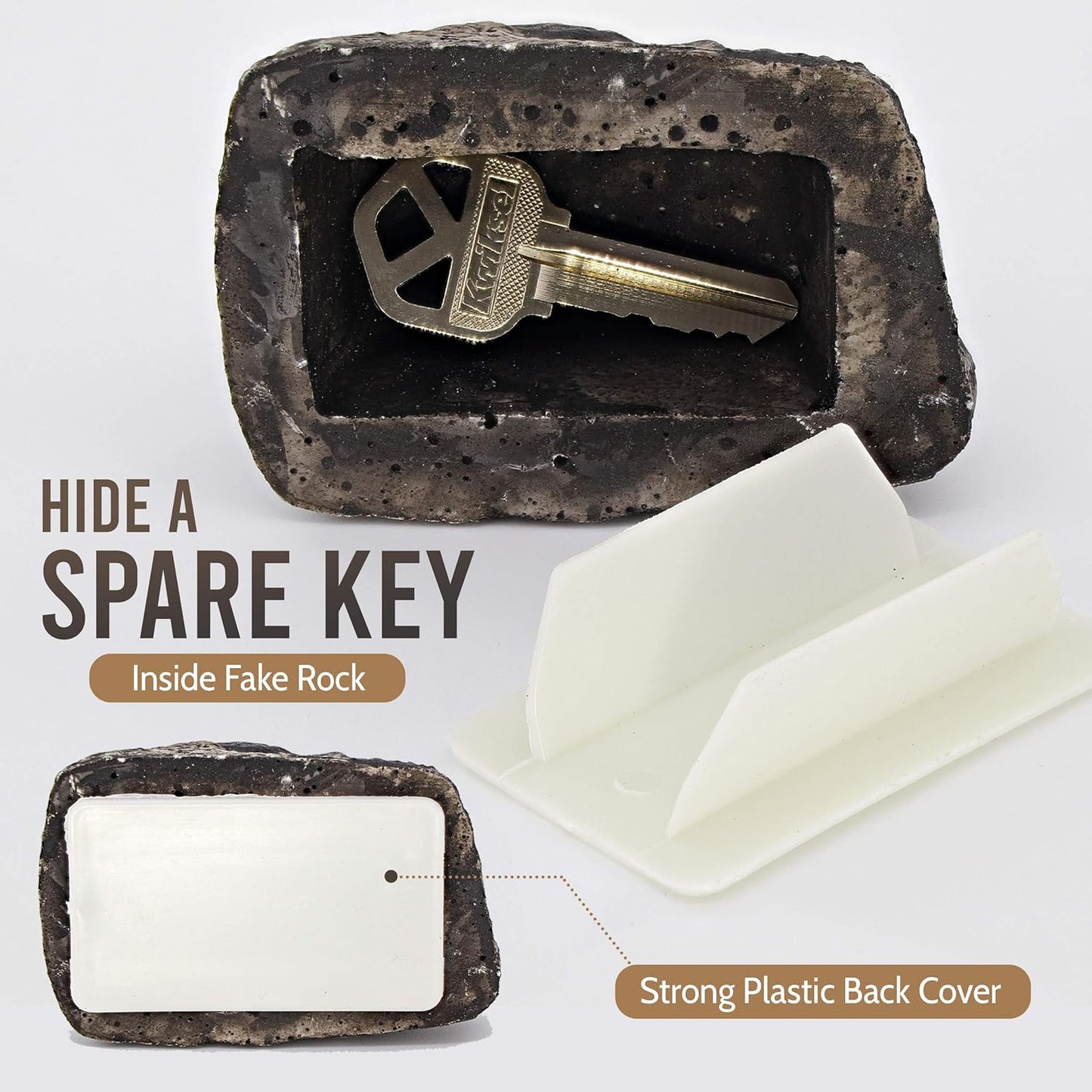Weatherproof fake rock key hider by Wukusy, designed to look like a real outdoor rock for discreet emergency key storage.