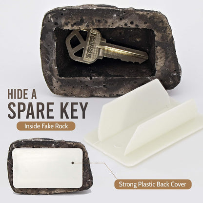 Weatherproof fake rock key hider by Wukusy, designed to look like a real outdoor rock for discreet emergency key storage.