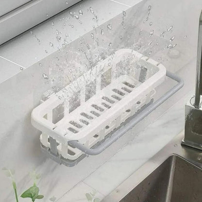 Wukusy multipurpose plastic hanging drain rack with adhesive hooks, ideal for kitchen and bathroom sponge and dishcloth organization.