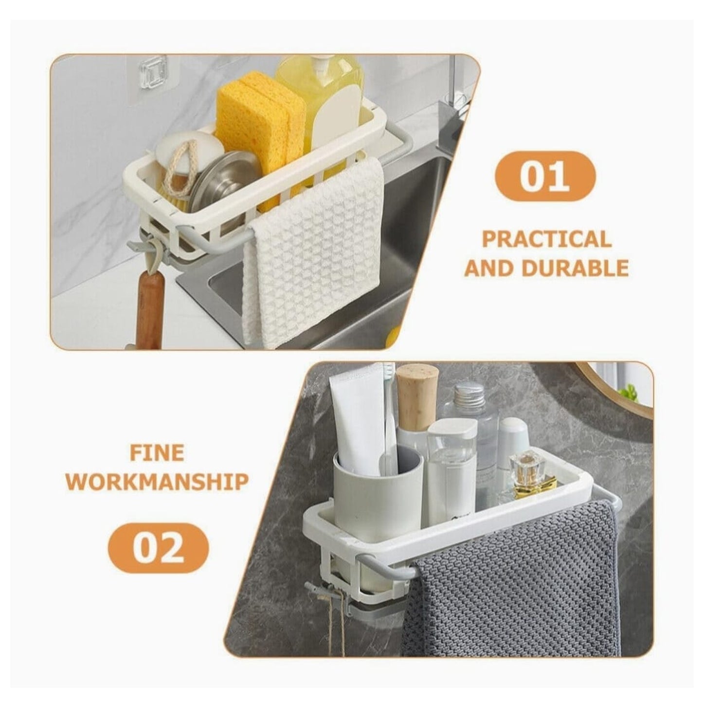 Wukusy multipurpose plastic hanging drain rack with adhesive hook, ideal for kitchen and bathroom sponge storage and dishcloth organization.